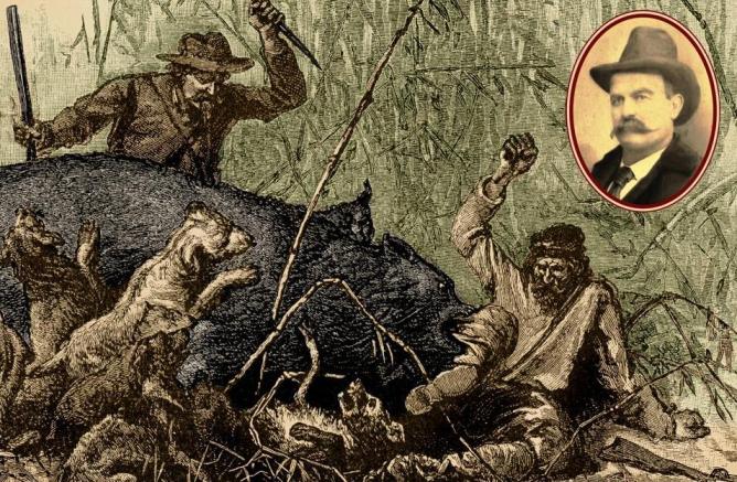 Bear hunters with dogs fighting bear with knife in the Mississippi Delta canebrakes from an 1881 Scribner's Monthly article entitled "Bear-Hunting in the South" with inset photo of bear hunter Robert Eager Bobo.